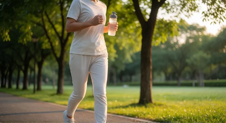 como mejorar mis riñones naturalmente, Persona corriendo por un parque por la mañana con botella de agua para mejorar la función renal