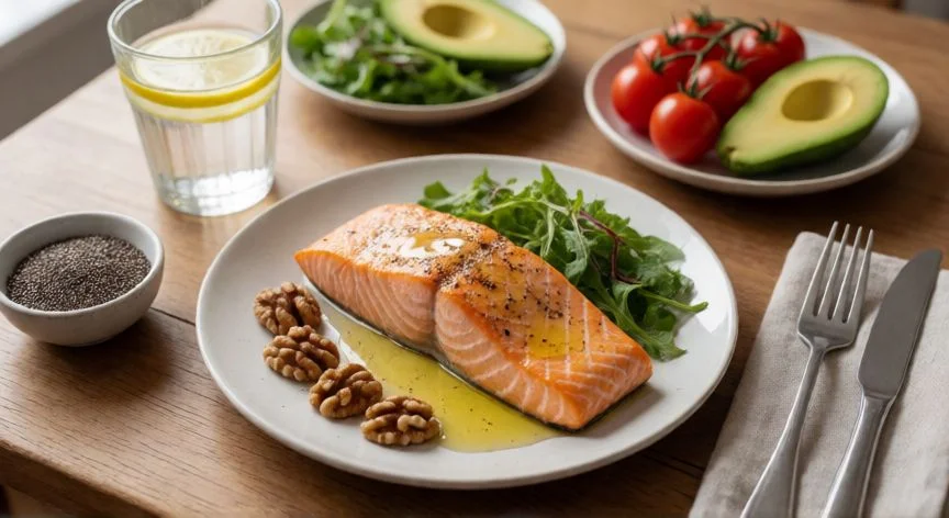 como mejorar mis rodillas, Comida antiinflamatoria con salmón, nueces y omega-3 para la salud articular