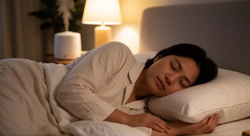 Persona durmiendo de lado con cojín lateral y humidificador en la mesita de noche