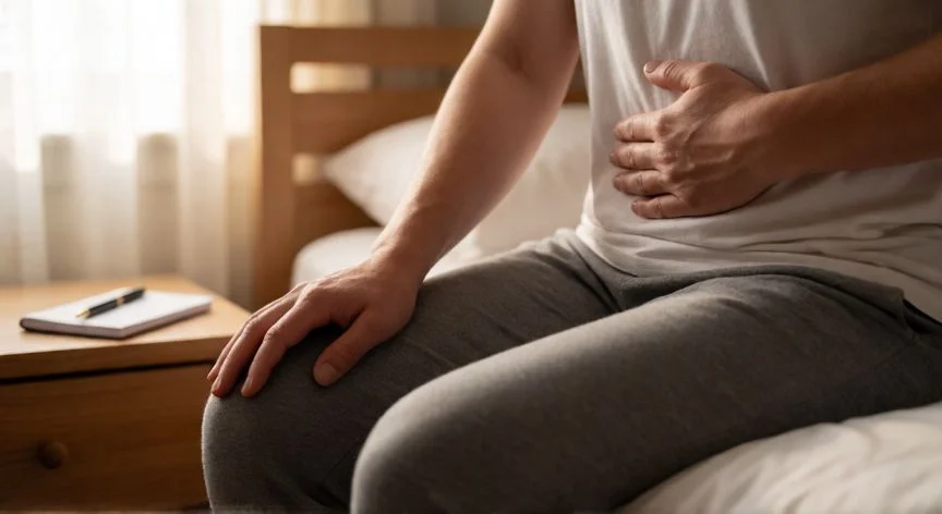como mejorar mis ronquidos, Ejercicio de respiración diafragmática sentado en el borde de la cama con luz natural