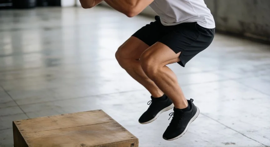 como mejorar mis saltos, Atleta realizando un box jump en el gimnasio capturado en pleno aire