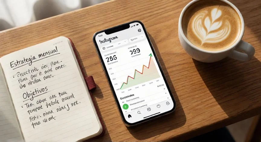 como mejorar mis seguidores en instagram, Análisis de métricas de Instagram en el móvil junto a una agenda con notas de estrategia