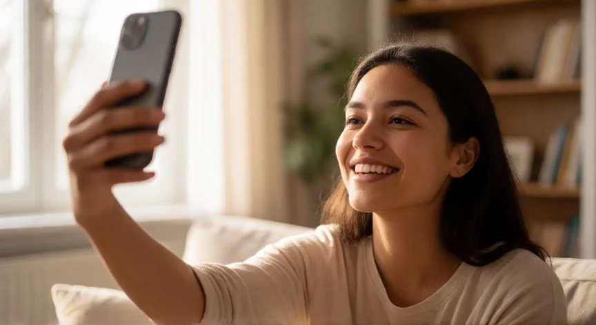 como mejorar mis selfies, Mujer sacándose un selfie con luz natural de ventana lateral