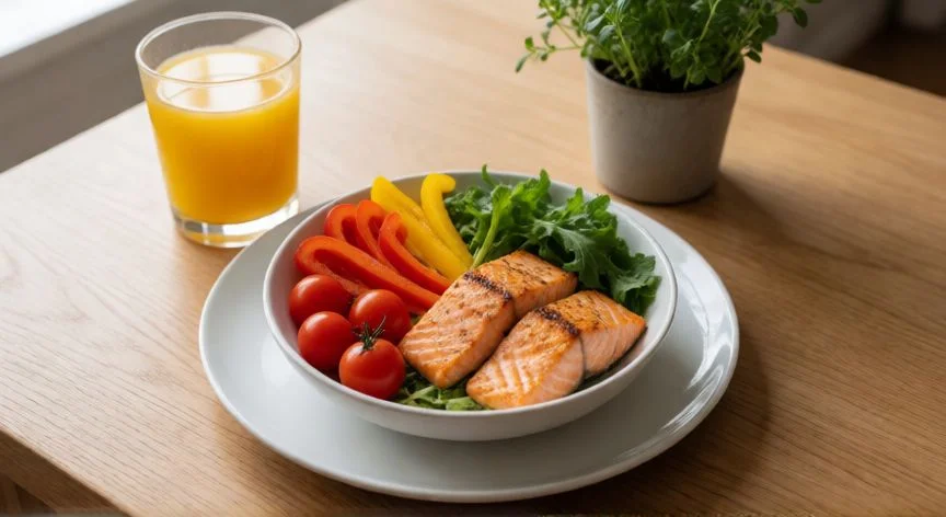 como mejorar mis senos caidos, Plato rico en colágeno y vitamina C: salmón, pimiento, espinacas y naranja