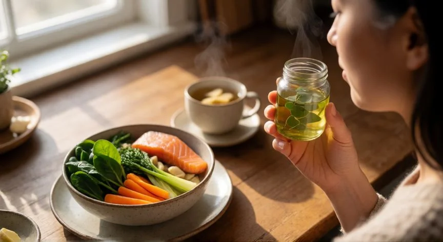 como mejorar mis sentidos, Persona realizando entrenamiento olfativo con aceite esencial mientras tiene alimentos saludables sobre la mesa
