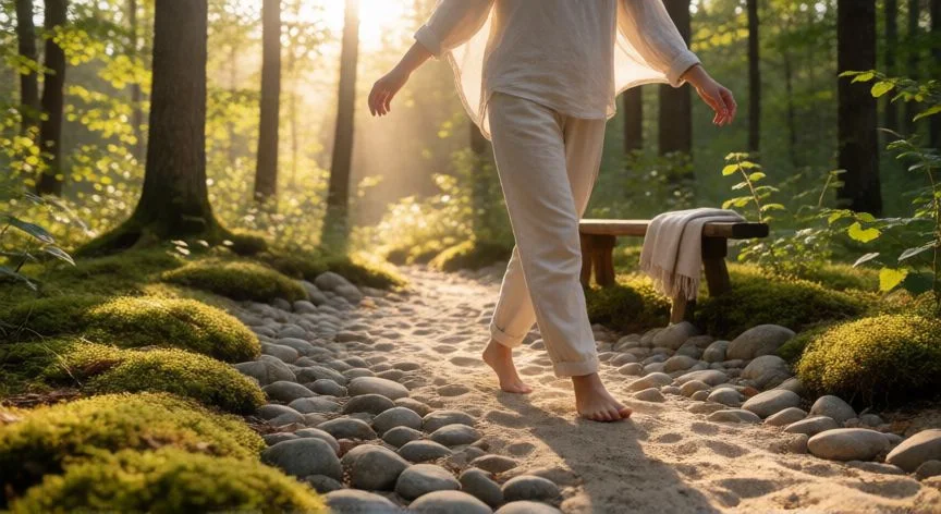 como mejorar mis sentidos, Persona caminando descalza por un sendero de bosques entrenando el sentido del tacto