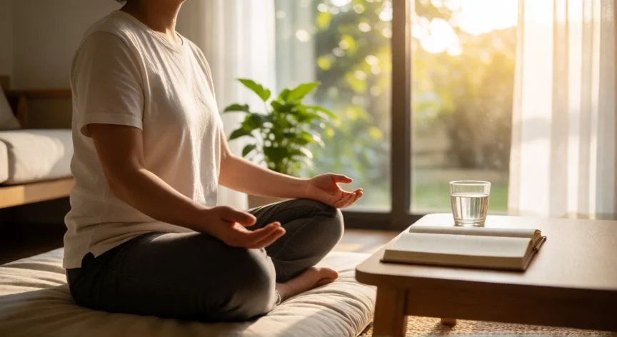 Persona practicando respiración diafragmática en una habitación luminosa y tranquila por la mañana