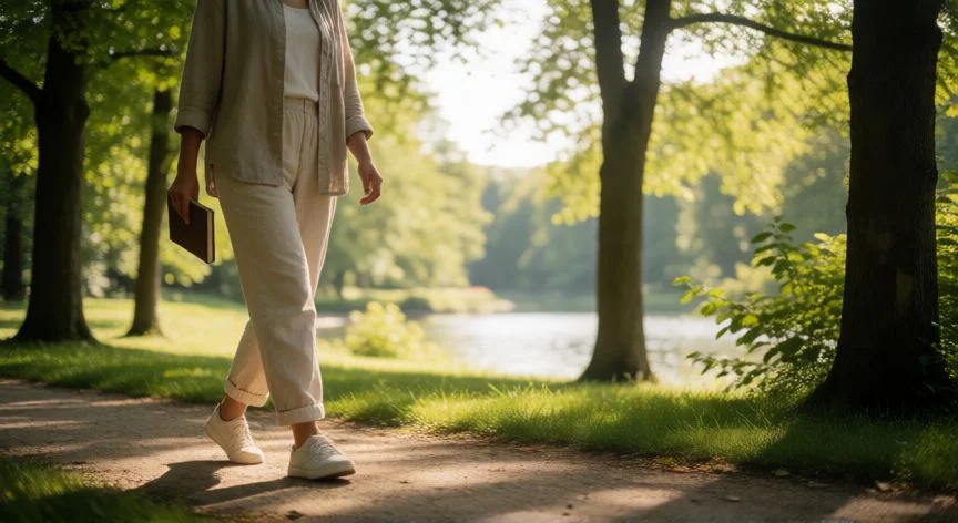 como mejorar mis sentimientos, Persona caminando por un sendero arbolado en un parque con luz suave entre los árboles