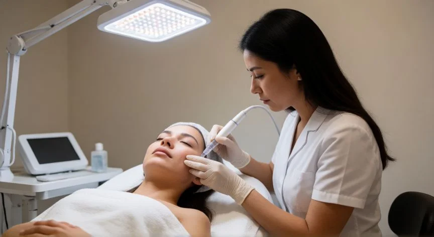 como mejorar mis surcos nasogenianos, Médico estético realizando microneedling en la zona malar de una paciente