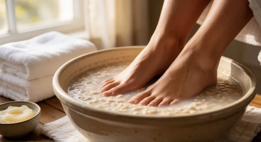como mejorar mis talones agrietados, Pies remojando en agua tibia con avena antes de hidratar los talones agrietados