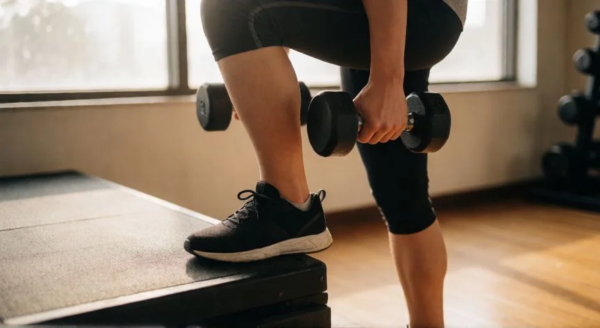 como mejorar mis tendones, Persona realizando ejercicio excéntrico de gemelo en escalón con mancuerna