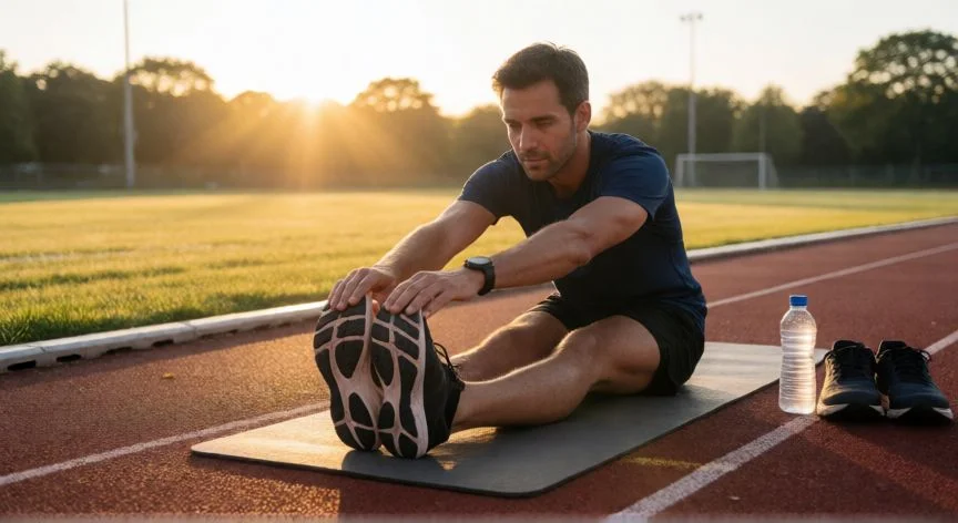 como mejorar mis tiempos corriendo, Corredor haciendo trabajo de fuerza y estiramientos junto a una pista de atletismo