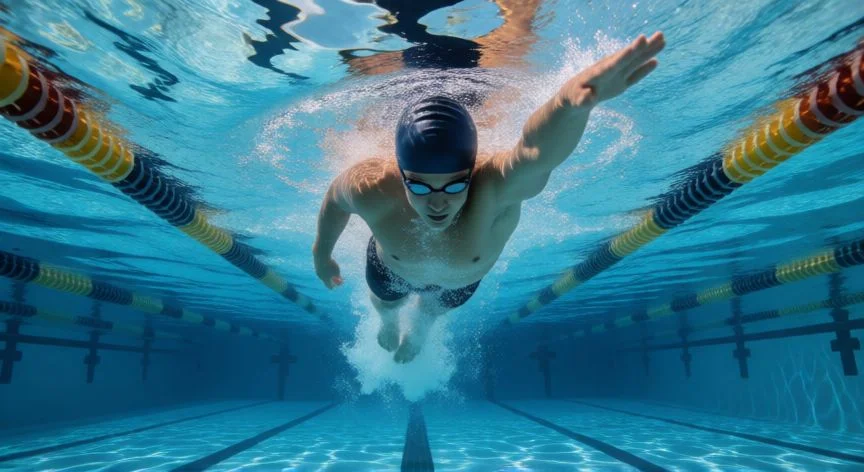 como mejorar mis tiempos en natacion, Vista submarina de la patada de dos tiempos en crol durante entrenamiento