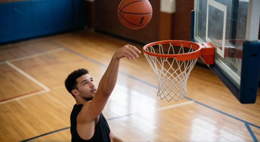 como mejorar mis tiros en basquet, Jugador de básquet en follow-through del tiro libre con brazo extendido