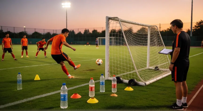 como mejorar mis tiros en futbol, Sesión de entrenamiento de tiros en fútbol nocturno con conos y botellas como objetivos