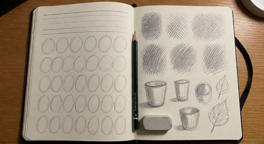 como mejorar mis trazos de dibujo, Cuaderno de práctica con ejercicios de líneas, curvas y hachurado en grafito