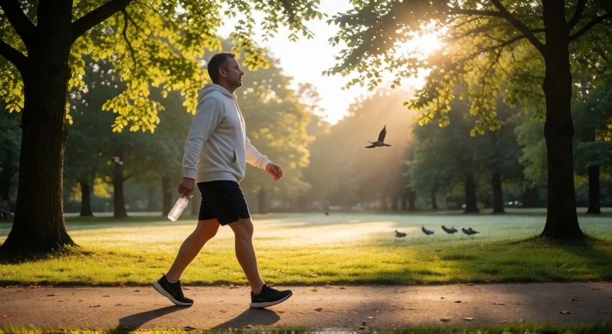 como mejorar mis trigliceridos, Hombre caminando por un parque al amanecer como parte de su rutina de ejercicio para mejorar triglicéridos
