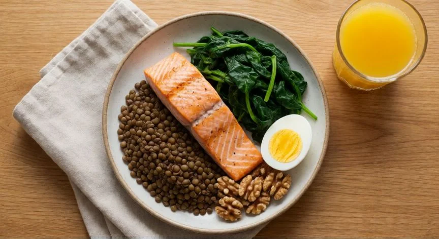 como mejorar mis uñas, Plato saludable con salmón, lentejas, espinacas, huevo y frutos secos para uñas fuertes