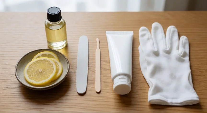 como mejorar mis uñas delas manos, Productos esenciales para el cuidado de uñas sobre mesa de madera