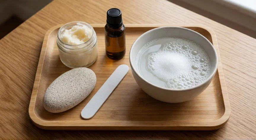 como mejorar mis uñas delos pies, Kit de cuidado natural para uñas de los pies sobre mesa de madera