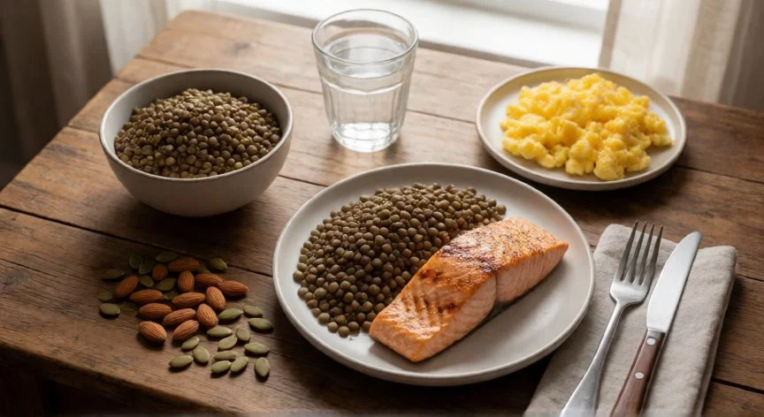 como mejorar mis uñas quebradizas, Plato con alimentos ricos en biotina, zinc y proteínas para fortalecer las uñas