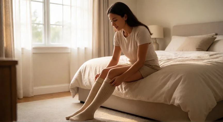 como mejorar mis varices, Mujer poniéndose medias de compresión graduada por la mañana antes de levantarse de la cama