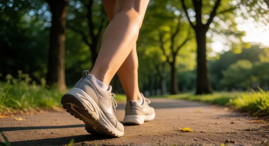 como mejorar mis varices, Persona caminando a paso ligero por un parque activando la bomba muscular de la pantorrilla para mejorar el retorno venoso