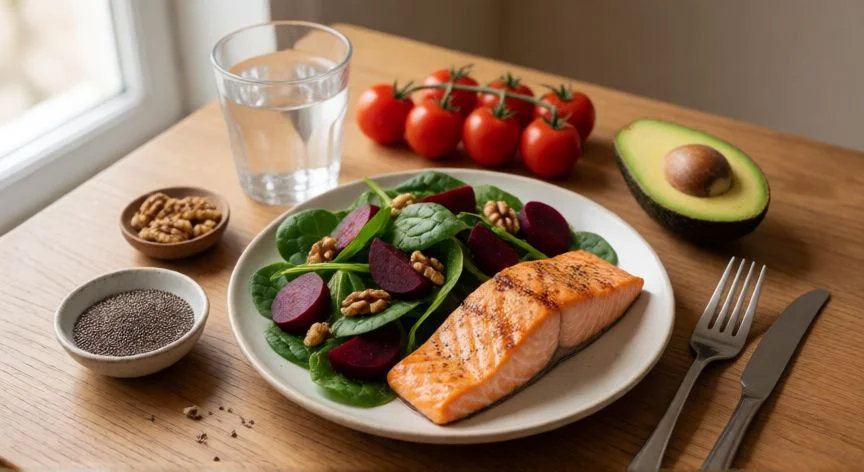como mejorar mis vasos sanguineos, Plato saludable con salmón, vegetales y frutos secos sobre mesa de madera