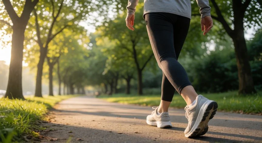 como mejorar mis venas, Persona caminando por un parque con árboles al amanecer para mejorar la circulación venosa