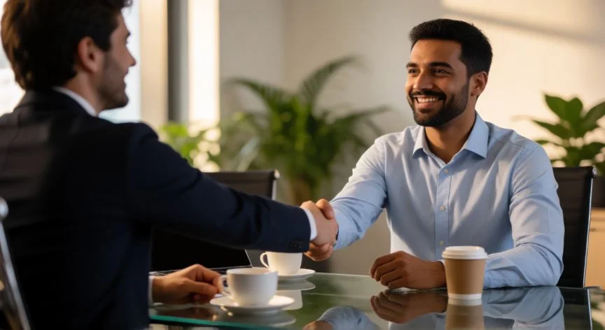 como mejorar mis ventas, Cierre de venta: vendedor y cliente estrechando manos en reunión