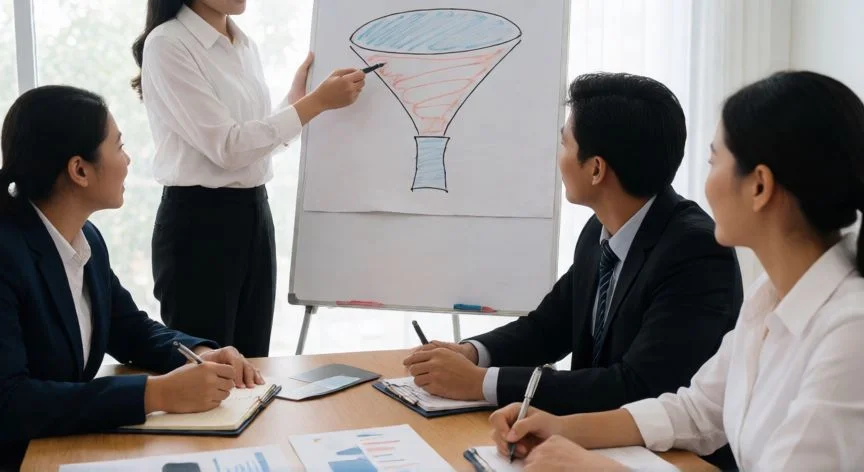 como mejorar mis ventas en mi negocio, Equipo comercial analizando su embudo de ventas en una reunión de estrategia