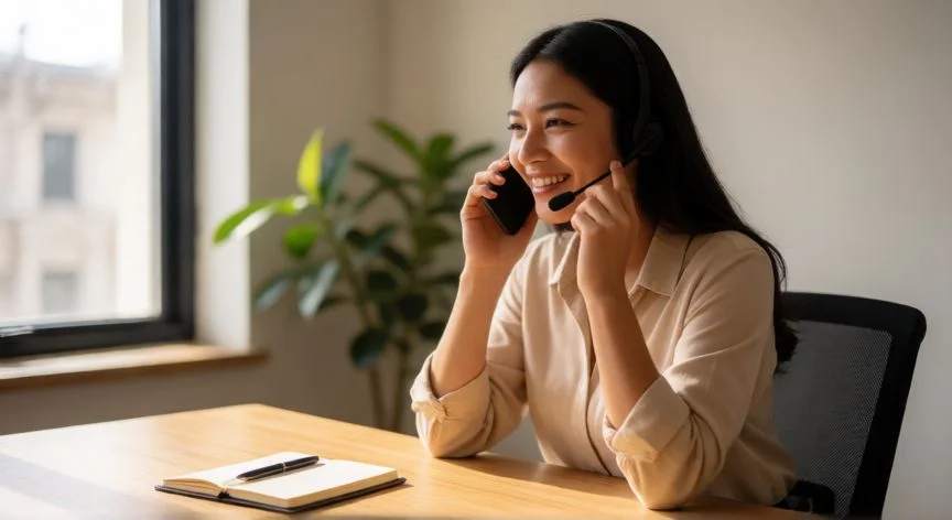 Vendedor con auriculares sonriendo durante una llamada de ventas en su oficina
