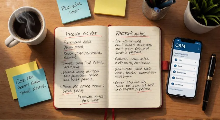 como mejorar mis ventas por telefono, Mesa de trabajo de un vendedor con notas de llamadas, CRM y café
