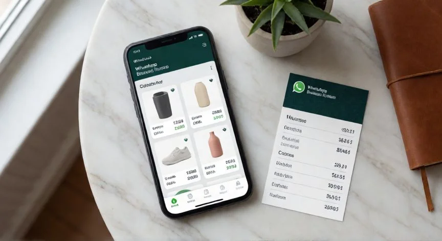 como mejorar mis ventas por whatsapp, Vista cenital de móvil con catálogo WhatsApp Business y lista de precios