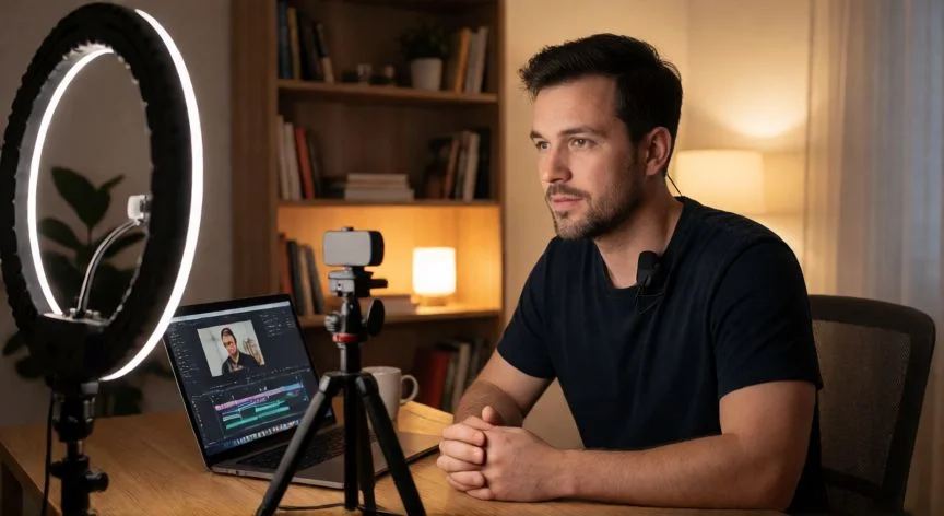 como mejorar mis videos de youtube, Creador de contenido grabando en su estudio casero con micrófono de solapa y luz LED