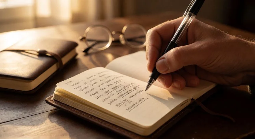 como mejorar mis writings, Manos escribiendo en un cuaderno de piel con luz cálida de atardecer