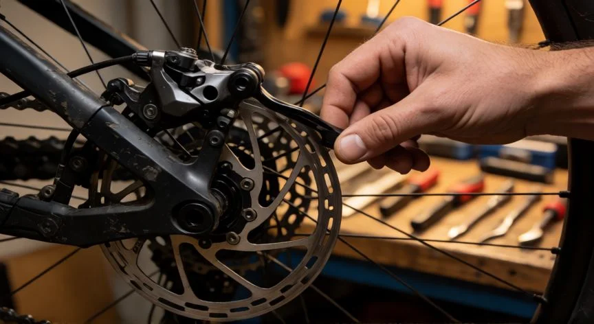 como mejorar mtb 29, Mecánico ajustando frenos hidráulicos y transmisión de una MTB 29