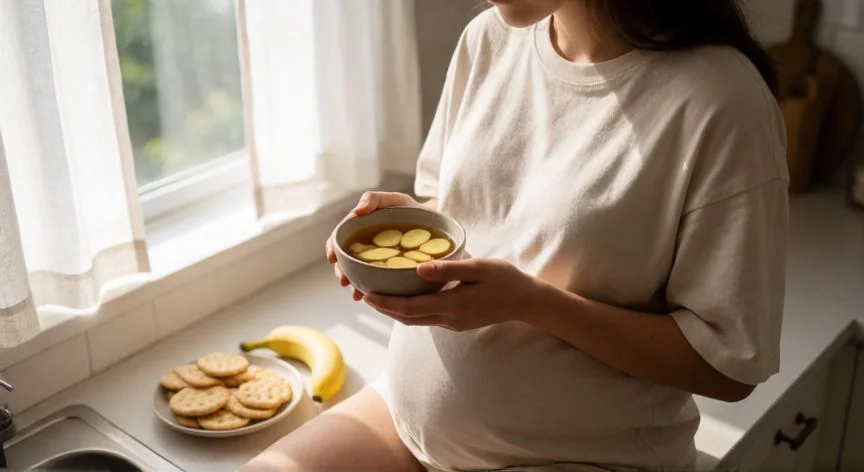 como mejorar nauseas embarazo, Embarazada tomando infusión de jengibre con galletas en la cocina por la mañana