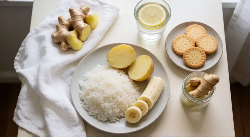 como mejorar nauseas embarazo, Alimentos suaves y digestivos para aliviar las náuseas del embarazo sobre una mesa