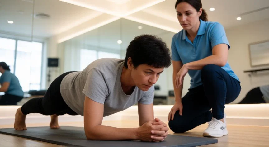 como mejorar nervio ciatico, Sesión de fortalecimiento del core con fisioterapeuta en clínica de rehabilitación