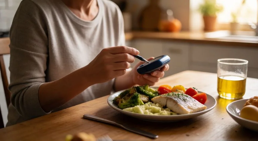 Persona midiendo su glucemia con un glucométano junto a una comida saludable mediterránea