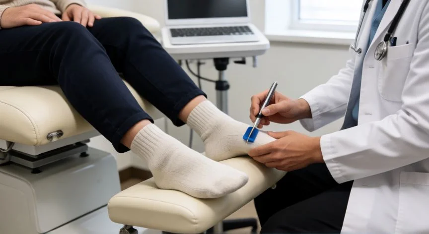 como mejorar neuropatia diabetica, Podólogo realizando prueba del monofilamento al pie de un paciente en consulta