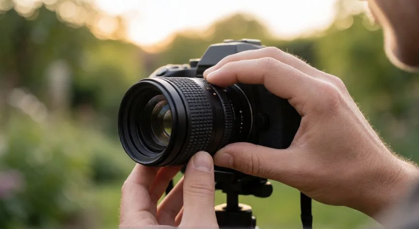 como mejorar nitidez de una foto, Manos ajustando el enfoque de un objetivo macro sobre trípode al aire libre