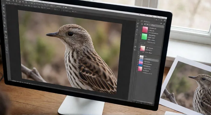como mejorar nitidez en photoshop, Espacio de trabajo de edición con Photoshop mostrando capas y una fotografía de fauna con nitidez aplicada