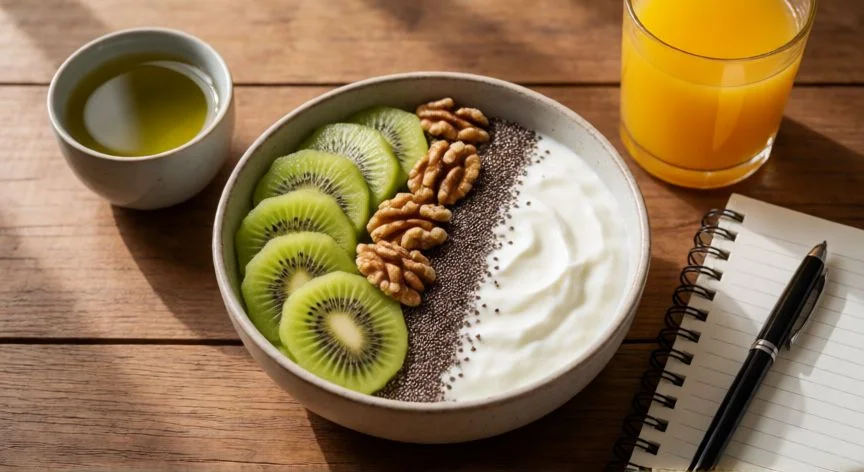 como mejorar niveles de cortisol, Desayuno antiinflamatorio con kiwi, nueces, yogur y té verde sobre mesa de madera