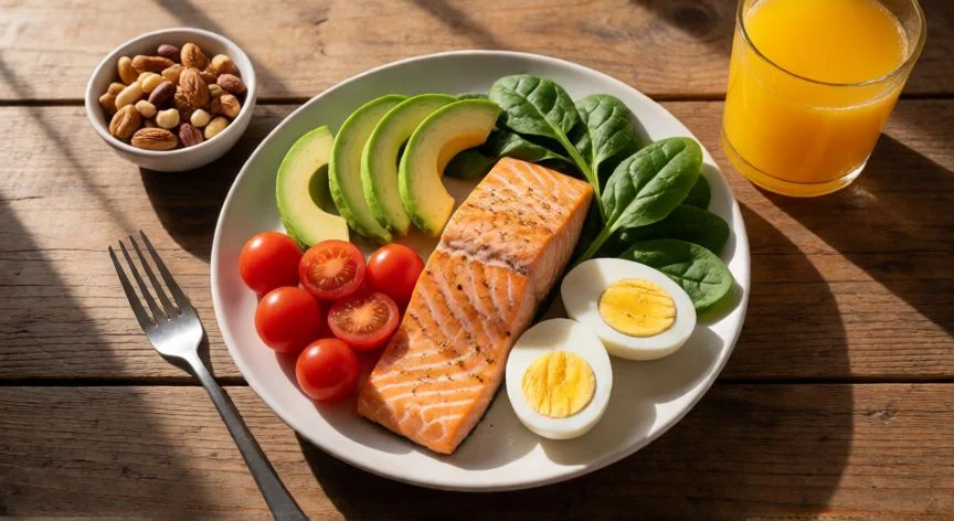 como mejorar niveles de testosterona, Desayuno mediterráneo con salmón, aguacate y huevos para apoyar la salud hormonal