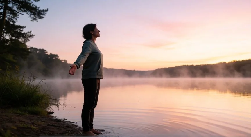 como mejorar nuestra autoestima, Persona contemplando el amanecer junto a un lago, símbolo de autoaceptación y fuerza interior