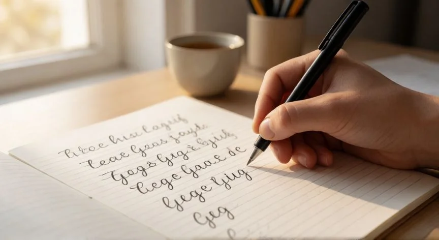cómo mejorar nuestra letra, Mano escribiendo ejercicios de caligrafía en un cuaderno con bolígrafo negro
