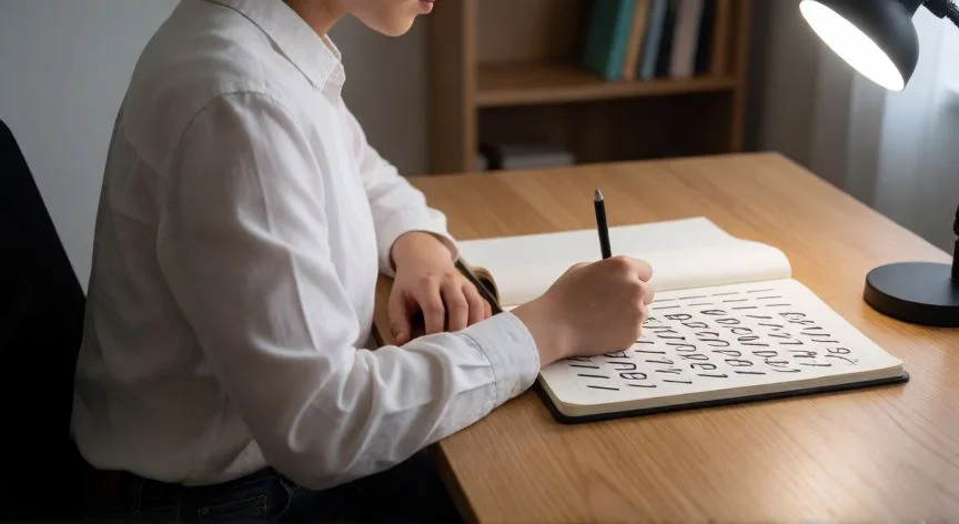 cómo mejorar nuestra letra, Persona con buena postura practicando caligrafía en un escritorio ordenado