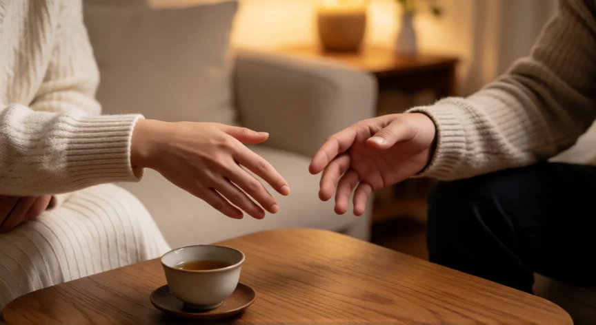 como mejorar para ser mejor persona, Dos manos acercándose sobre una mesa con té, simbolizando conexión y empatía entre personas